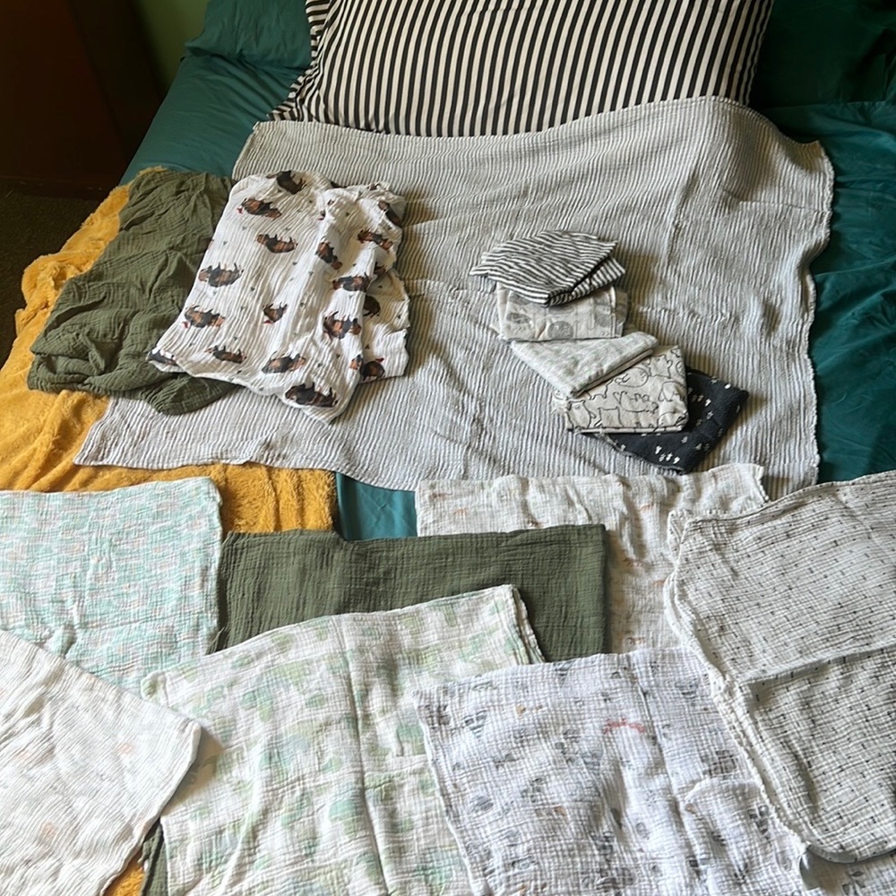 Lot of Muslin swaddle blankets and crib sheets
